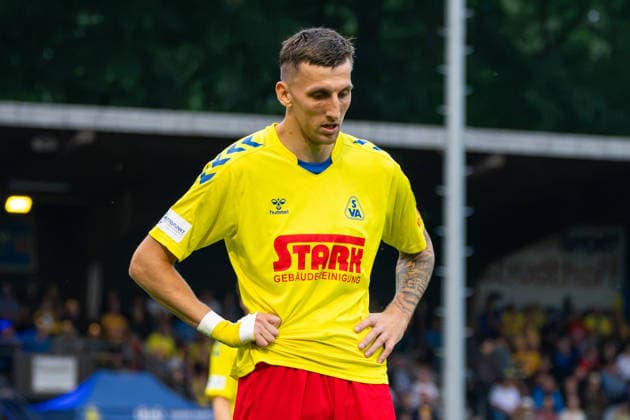 Steffen Rohwedder, SV Atlas Delmenhorst, 28, disappointed, exhausted, German soccer, Regionalliga Nord, 2026–27 season, Matchday 5, August 26, 2026, SV Atlas Delmenhorst vs. BSV Kickers Emden, Stadium on Düsternortstraße, Delmenhorst, Lower Saxony Copyright: xLeonxFrickx