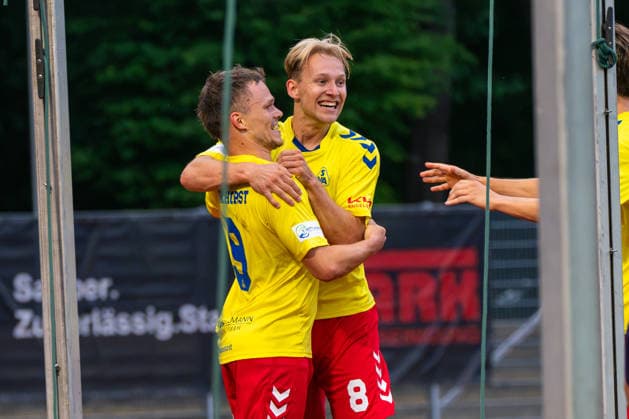 Goal for the 1-0 lead by Tobias Fagerström, SV Atlas Delmenhorst; goal celebration, joy, emotions, German soccer, Regionalliga Nord, 2026-27 season, Matchday 5, August 26, 2026, SV Atlas Delmenhorst vs. BSV Kickers Emden, Stadium on Düsternortstraße, Delmenhorst, Lower Saxony Copyright: xLeonxFrickx