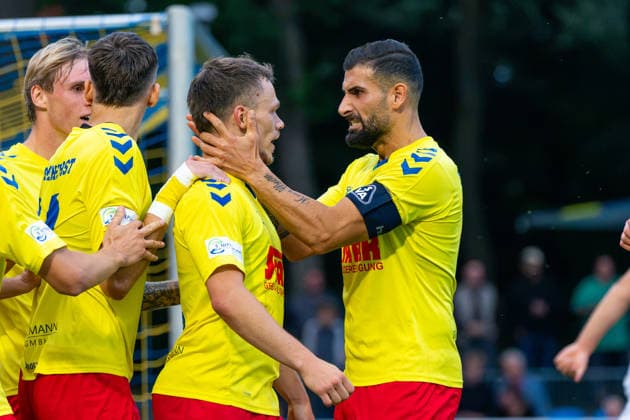 Goal for the 1-0 lead by Tobias Fagerström, SV Atlas Delmenhorst; 9 goal celebrations, joy, emotions, German soccer, Regionalliga Nord, 2026-27 season, Matchday 5, August 26, 2026, SV Atlas Delmenhorst vs. BSV Kickers Emden, Stadium on Düsternortstraße, Delmenhorst, Lower Saxony Copyright: xLeonxFrickx
