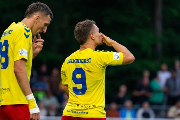 Goal for the 1-0 lead by Tobias Fagerström, SV Atlas Delmenhorst; 9 goal celebrations, joy, emotions, German soccer, Regionalliga Nord, 2026-27 season, Matchday 5, August 26, 2026, SV Atlas Delmenhorst vs. BSV Kickers Emden, Stadium on Düsternortstraße, Delmenhorst, Lower Saxony Copyright: xLeonxFrickx