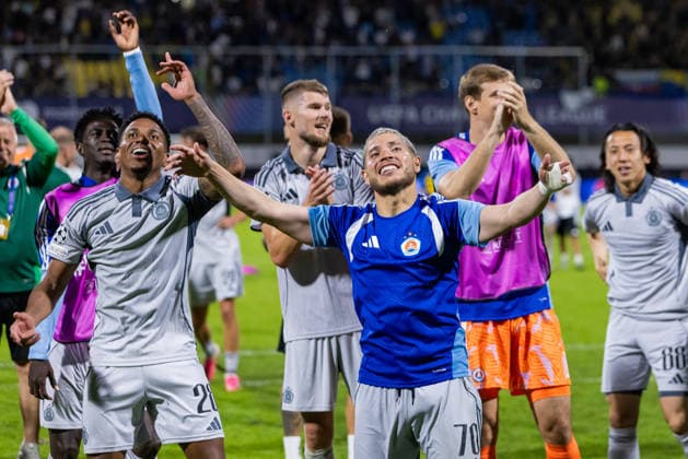 SK Slovan Bratislava seen celebrating after UEFA Champions league second leg play-off game between teams of SK Slovan Bratislava and Celje (Dominika Kortvelyesiova Ball Raw Images) Celje Stadion Celje Slovenia Copyright: xDominikaxKortvelyesiovax DKOR4303