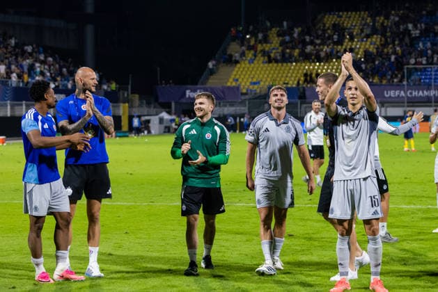 SK Slovan Bratislava seen celebrating after UEFA Champions league second leg play-off game between teams of SK Slovan Bratislava and Celje (Dominika Kortvelyesiova Ball Raw Images) Celje Stadion Celje Slovenia Copyright: xDominikaxKortvelyesiovax DKOR4311