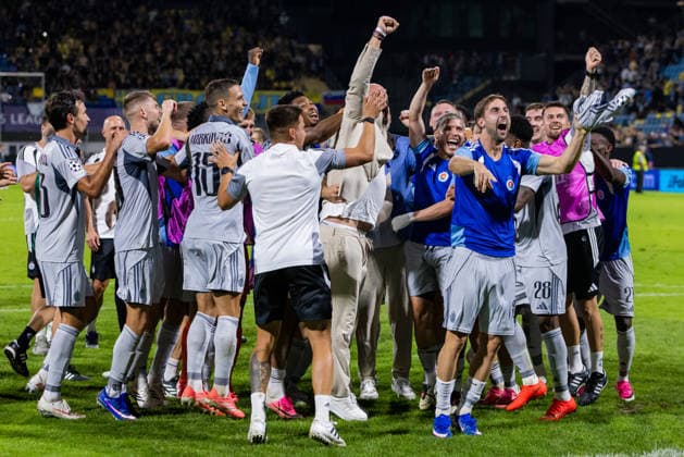 SK Slovan Bratislava seen celebrating after UEFA Champions league second leg play-off game between teams of SK Slovan Bratislava and Celje (Dominika Kortvelyesiova Ball Raw Images) Celje Stadion Celje Slovenia Copyright: xDominikaxKortvelyesiovax DKOR4455