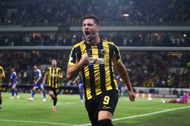 UEFA Champions League - AEK Athens FC vs PFC Levski Sofia - Luka Jovicof AEK Athens FC celebrates the 4-0 during the UEFA Champions League Play-Offs 2nd leg soccer match between AEK Athens FC and PFC Levski Sofia in AEK Arena, Athens, Greece, on 27 August 2026. IMAGO ONE INCH PRODUCTIONS ATHENS GREECE Copyright: xONExINCHxPRODUCTIONSx 7065532