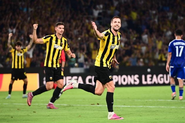 UEFA Champions League - AEK Athens FC vs PFC Levski Sofia - Barnabas Varga AEK Athens FC celebrates during the UEFA Champions League Play-Offs 2nd leg soccer match between AEK Athens FC and PFC Levski Sofia in AEK Arena, Athens, Greece, on 27 August 2026. IMAGO ONE INCH PRODUCTIONS ATHENS GREECE Copyright: xONExINCHxPRODUCTIONSx 7065550
