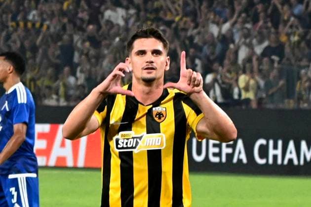 UEFA Champions League - AEK Athens FC vs PFC Levski Sofia - Razvan Marin of AEK Athens FC celebrates during the UEFA Champions League Play-Offs 2nd leg soccer match between AEK Athens FC and PFC Levski Sofia in AEK Arena, Athens, Greece, on 27 August 2026. IMAGO ONE INCH PRODUCTIONS ATHENS GREECE Copyright: xONExINCHxPRODUCTIONSx 7065622