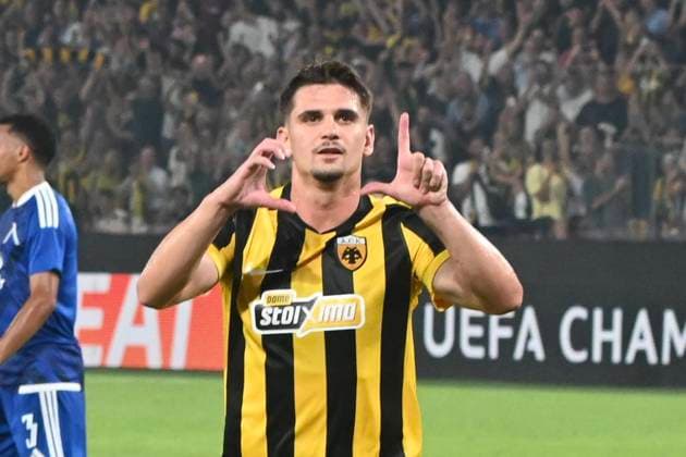 UEFA Champions League - AEK Athens FC vs PFC Levski Sofia - Razvan Marin of AEK Athens FC celebrates during the UEFA Champions League Play-Offs 2nd leg soccer match between AEK Athens FC and PFC Levski Sofia in AEK Arena, Athens, Greece, on 27 August 2026. IMAGO ONE INCH PRODUCTIONS ATHENS GREECE Copyright: xONExINCHxPRODUCTIONSx 7065623