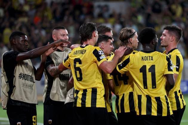 UEFA Champions League - AEK Athens FC vs PFC Levski Sofia - Razvan Marin of AEK Athens FC celebrates during the UEFA Champions League Play-Offs 2nd leg soccer match between AEK Athens FC and PFC Levski Sofia in AEK Arena, Athens, Greece, on 27 August 2026. IMAGO ONE INCH PRODUCTIONS ATHENS GREECE Copyright: xONExINCHxPRODUCTIONSx 7065631