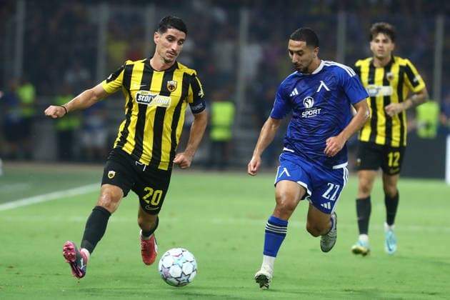 UEFA Champions League - AEK Athens FC vs PFC Levski Sofia - Petros Mantalos of AEK Athens FC in action against Mazire Soula of PFC Levski Sofia during the UEFA Champions League Play-Offs 2nd leg soccer match between AEK Athens FC and PFC Levski Sofia in AEK Arena, Athens, Greece, on 27 August 2026. IMAGO ONE INCH PRODUCTIONS ATHENS GREECE Copyright: xONExINCHxPRODUCTIONSx 7065650