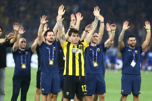 UEFA Champions League - AEK Athens FC vs PFC Levski Sofia - Players of AEK Athens FC celebrate their victory after the UEFA Champions League Play-Offs 2nd leg soccer match between AEK Athens FC and PFC Levski Sofia in AEK Arena, Athens, Greece, on 27 August 2026. IMAGO ONE INCH PRODUCTIONS ATHENS GREECE Copyright: xONExINCHxPRODUCTIONSx 7065671