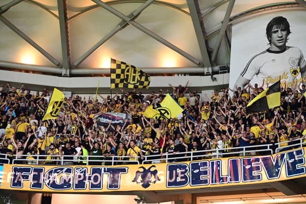 UEFA Champions League - AEK Athens FC vs PFC Levski Sofia - Fans of AEK Athens FC react during the UEFA Champions League Play-Offs 2nd leg soccer match between AEK Athens FC and PFC Levski Sofia in AEK Arena, Athens, Greece, on 27 August 2026. IMAGO ONE INCH PRODUCTIONS ATHENS GREECE Copyright: xONExINCHxPRODUCTIONSx 7065454