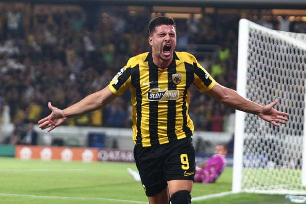 UEFA Champions League - AEK Athens FC vs PFC Levski Sofia - Luka Jovicof AEK Athens FC celebrates the 4-0 during the UEFA Champions League Play-Offs 2nd leg soccer match between AEK Athens FC and PFC Levski Sofia in AEK Arena, Athens, Greece, on 27 August 2026. IMAGO ONE INCH PRODUCTIONS ATHENS GREECE Copyright: xONExINCHxPRODUCTIONSx 7065512