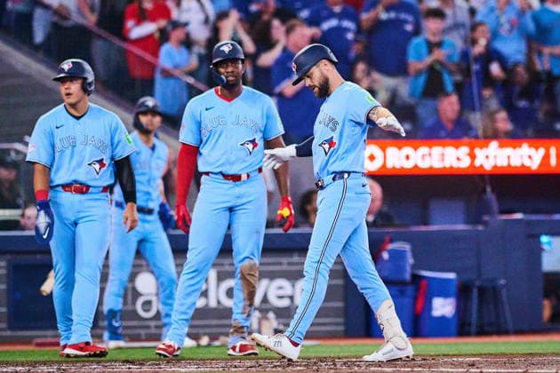 August 26, 2026, Toronto, On, Canada: Toronto Blue Jays Nathan Lukes, right, celebrates his three-run home run against the Kansas City Royals with with Kazuma Okamoto, left, and Jesus Sanchez during fourth inning MLB, Baseball Herren, USA baseball action in Toronto, on Wednesday, Aug. 26, 2026. Canada News - August 26, 2026 - ZUMAc35_ 20260826_zaf_c35_064 Copyright: xSammyxKoganx