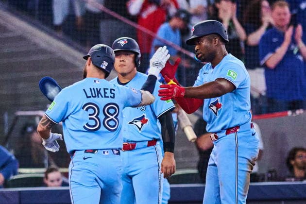 August 26, 2026, Toronto, On, Canada: Toronto Blue Jays Nathan Lukes, left, celebrates his three-run home run against the Kansas City Royals with with Kazuma Okamoto, centre, and Jesus Sanchez, right, during fourth inning MLB, Baseball Herren, USA baseball action in Toronto, on Wednesday, Aug. 26, 2026. Canada News - August 26, 2026 - ZUMAc35_ 20260826_zaf_c35_065 Copyright: xSammyxKoganx