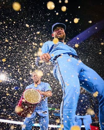August 26, 2026, Toronto, On, Canada: Toronto Blue Jays Nathan Lukes (38) is doused by teammate Myles Straw (3) after their win against the Kansas City Royals in MLB, Baseball Herren, USA baseball action in Toronto, on Wednesday, Aug. 26, 2026. Canada News - August 26, 2026 - ZUMAc35_ 20260826_zaf_c35_068 Copyright: xSammyxKoganx