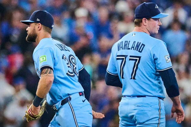 August 26, 2026, Toronto, On, Canada: Toronto Blue Jays Nathan Lukes (38), left, and pitcher Louis Varland (77) celebrate their win against the Kansas City Royals in MLB, Baseball Herren, USA baseball action in Toronto, on Wednesday, Aug. 26, 2026. Canada News - August 26, 2026 - ZUMAc35_ 20260826_zaf_c35_080 Copyright: xSammyxKoganx