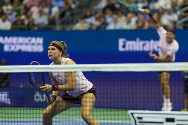 2026 US Open Mixed Doubles Championship semifinals Karolina Muchova (front) and Jakub Mensik (back) of Czechia in action during the semifinal round of the Mixed Doubles Championship against Mirra Andreeva and Andrey Rublev of Russia at the Arthur Ashe Stadium in the USTA Billie Jean King National Tennis Center in Flushing Meadows, New York, USA, 26 August 2026. FLUSHING MEADOWS NEW YORK UNITED STATES  Copyright: xSARAHxYENESELx