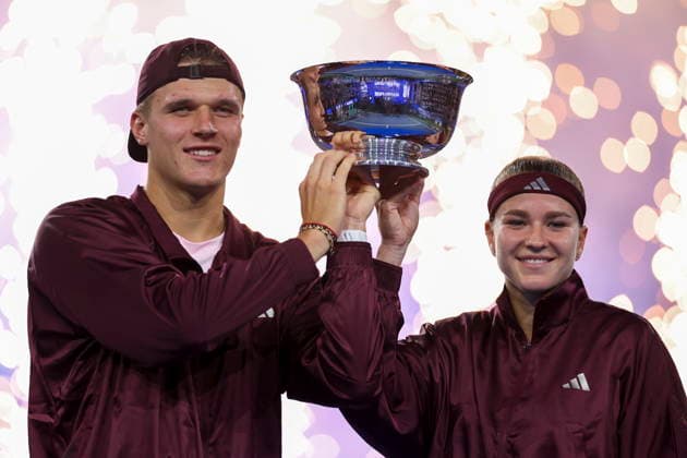 2026 US Open Mixed Doubles Championship Jakub Mensik (L) and Karolina Muchova (R) of Czechia pose with their trophy after winning the final round of the Mixed Doubles Championship against Belinda Bencic of Switzerland and Flavio Cobolli of Italy at the Arthur Ashe Stadium in the USTA Billie Jean King National Tennis Center in Flushing Meadows, New York, USA, 26 August 2026. FLUSHING MEADOWS NEW YORK UNITED STATES  Copyright: xSARAHxYENESELx