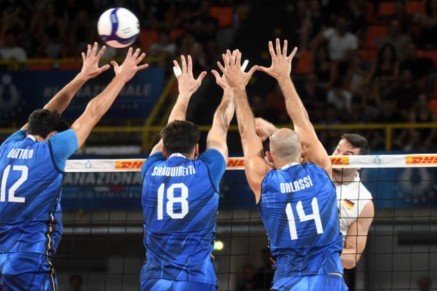 Italy v Germany - International Friendly, Länderspiel, Nationalmannschaft Match The Italian block during the international friendly match between Italy and Germany at PalaCalafiore in Reggio Calabria, Italy, on August 26, 2026. Reggio Calabria Italy  Copyright: xAndreaxRositox originalFilename:rosito-notitle260826_npBmR.jpg