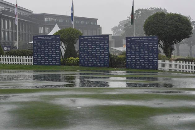 SUTTON COLDFIELD, ENGLAND - AUG 27: Round 1 play is suspended due to torrential rain during Round 1 at the 2026 Husqvarna British Masters at The Belfry, Sutton Coalfield on August 27, 2026 in Warwickshire, England The 2026 Husqvarna British Masters