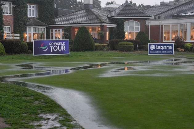 SUTTON COLDFIELD, ENGLAND - AUG 27: Round 1 play is suspended due to torrential rain during Round 1 at the 2026 Husqvarna British Masters at The Belfry, Sutton Coalfield on August 27, 2026 in Warwickshire, England The 2026 Husqvarna British Masters