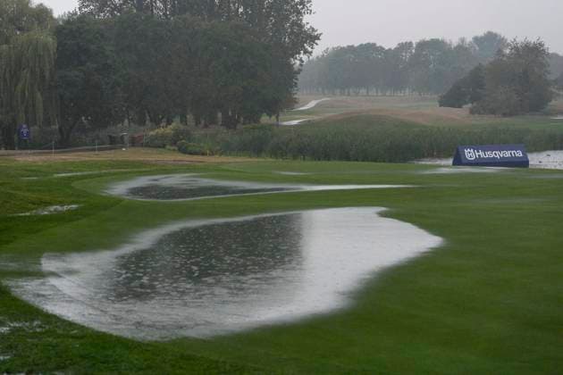 SUTTON COLDFIELD, ENGLAND - AUG 27: Round 1 play is suspended due to torrential rain during Round 1 at the 2026 Husqvarna British Masters at The Belfry, Sutton Coalfield on August 27, 2026 in Warwickshire, England The 2026 Husqvarna British Masters