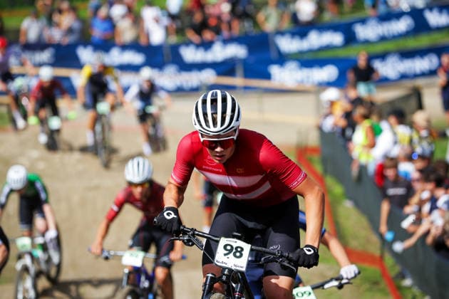 2026 UCI Mountain Bike World Championships Picture by Ed Sykes SWpix.com - 27 08 2026 - Cycling - 2026 UCI Mountain Bike World Championships - Val di Sole, Trentino, Italy - Cross-country Olympic (XCO) - Men Junior - Anton Nielsen (Denmark) Copyright: x xSWpix.comx(t axPhotographyxHubxLtd)xEdxSykes SWpix.comx SWP-3030-19818