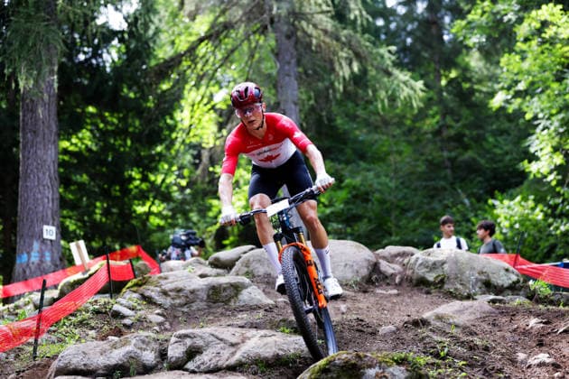 2026 UCI Mountain Bike World Championships Picture by Ed Sykes SWpix.com - 27 08 2026 - Cycling - 2026 UCI Mountain Bike World Championships - Val di Sole, Trentino, Italy - Cross-country Olympic (XCO) - Men Junior - Emilien Belzile (Canada) Copyright: x xSWpix.comx(t axPhotographyxHubxLtd)xEdxSykes SWpix.comx SWP-3030-19868