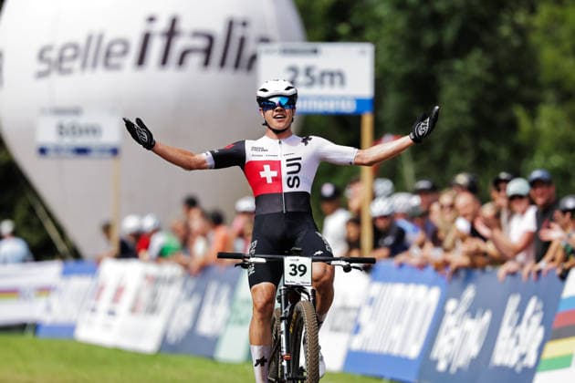 2026 UCI Mountain Bike World Championships Picture by Alex Whitehead SWpix.com - 27 08 2026 - Cycling - 2026 UCI Mountain Bike World Championships - Val di Sole, Trentino, Italy - Cross-country Olympic (XCO) - Men Junior - Marwan Barhoumi (Switzerland) finishes third Copyright: x xSWpix.comx(t axPhotographyxHubxLtd)xAlexxWhitehead SWpix.comx SWP-3030-19911