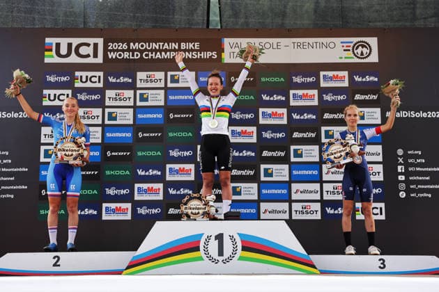 2026 UCI Mountain Bike World Championships Picture by Alex Whitehead SWpix.com - 27 08 2026 - Cycling - 2026 UCI Mountain Bike World Championships - Val di Sole, Trentino, Italy - Cross-country Olympic (XCO) - Women Junior Podium - Anja Grossmann (Switzerland) wins the Gold Medal to become World Champion with Barbora Bukovska (Czechia) receiving the Silver Medal and Agathe Vauchamp (France) receiving the Bronze Medal Copyright: x xSWpix.comx(t axPhotographyxHubxLtd)xAlexxWhitehead SWpix.comx SWP-3030-19932