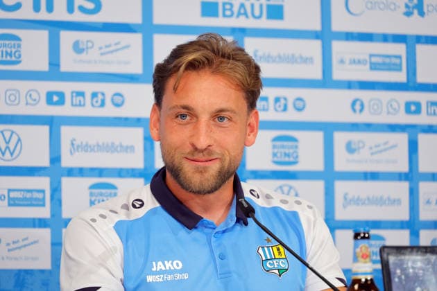 Press Conference CFC, August 27, 2026, Chemnitz, Eins Stadium on Gellertstraße, CFC, Northeast Regional League, press conference ahead of the home game against FC Carl Zeiss Jena; player Dennis Slamar; Chemnitz, Saxony, Germany