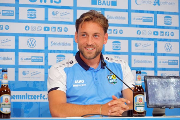 Press Conference, CFC, August 27, 2026, Chemnitz, Eins Stadium on Gellertstraße, CFC, Northeast Regional League, press conference ahead of the home game against FC Carl Zeiss, featuring player Dennis Slamar, Chemnitz, Saxony, Germany