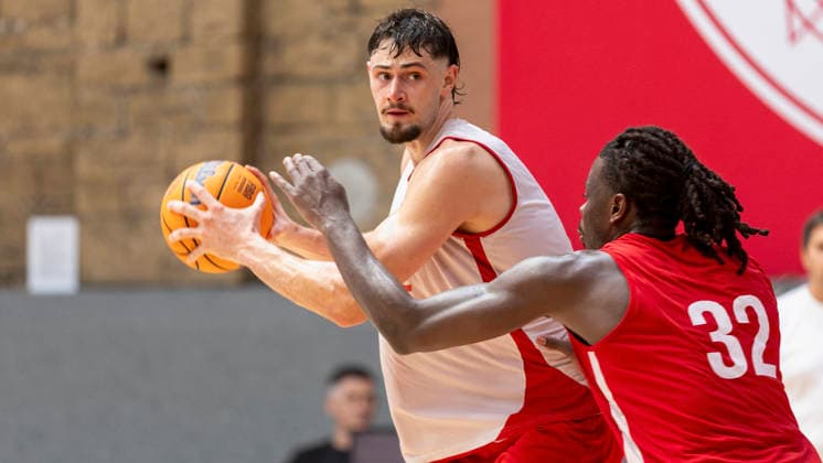 Pictured from left: Leo Saffer of the Würzburg Baskets, No. 3, with the ball against Charles Thompson of the Würzburg Baskets, No. 32, August 27, 2026; media training session for the Fitness First Würzburg Baskets 2026 27, Germany, Würzburg, training center, Copyright: HMBxMedia xJulienxBecker