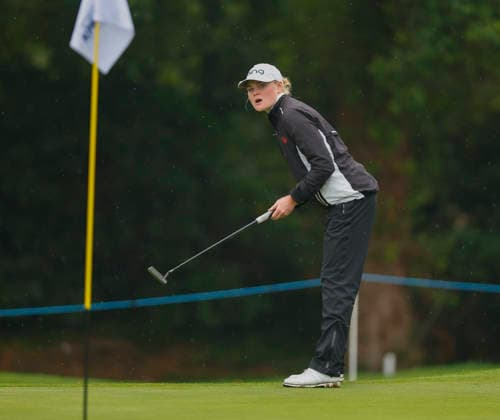 RECORD DATE NOT STATED 27th August 2026; The K Club, Straffan, County Kildare, Ireland: KPMG Womens Irish Open Golf, Round One; Luca Thompson of Wales reacts to a missed putt on the 7th green PeterxFitzpatrick
