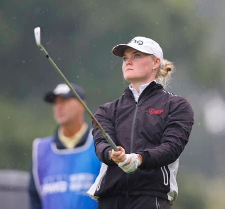 RECORD DATE NOT STATED 27th August 2026; The K Club, Straffan, County Kildare, Ireland: KPMG Womens Irish Open Golf, Round One; Luca Thompson of Wales watches her tee shot on the 8th hole PeterxFitzpatrick