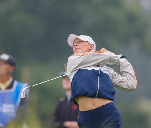 RECORD DATE NOT STATED 27th August 2026; The K Club, Straffan, County Kildare, Ireland: KPMG Womens Irish Open Golf, Round One; Tina Mazarino of Norway tees off on the 8th hole PeterxFitzpatrick