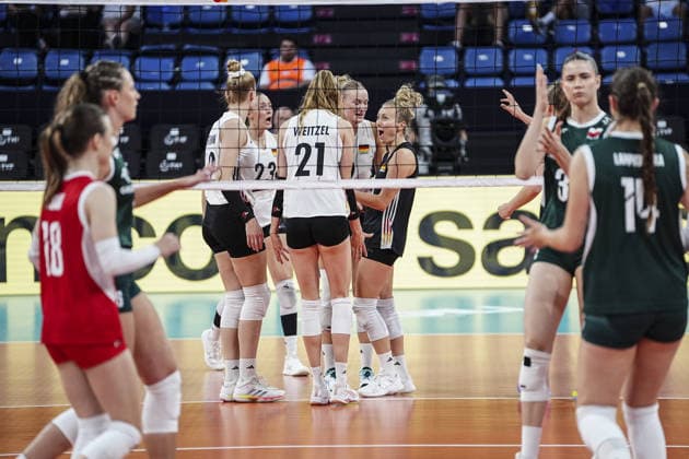 Poland v Germany - CEV EuroVolley 2026 ISTANBUL, TURKIYE - AUGUST 27: Players of Germany celebrate after a point during the CEV EuroVolley 2026 Women Group A match between Poland and Germany at Sinan Erdem Dome in Istanbul, Turkiye on August 27, 2026. Agit Erdi Ulukaya Anadolu Istanbul Turkey. Editorial use only. Please get in touch for any other usage.  Copyright: x2026xAnadoluxAgitxErdixUlukayax