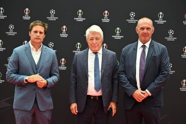UEFA Champions League 2026 27 league phase draw in Monaco MONACO - AUGUST 27: Enrique Cerezo (C), President of Atletico Madrid poses for a photo on the red carpet ahead of UEFA Champions League phase draw the Grimaldi Forum in Monaco on August 27, 2026. Mustafa Yalcin Anadolu Monaco Monaco. Editorial use only. Please get in touch for any other usage.  Copyright: x2026xAnadoluxMustafaxYalcinx