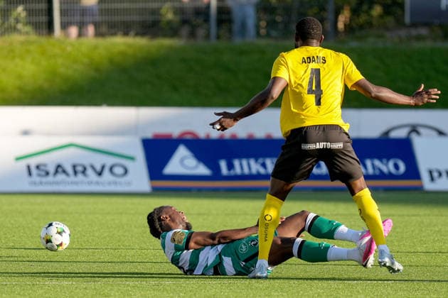 UEFA Europa Conference League Play-off Second Leg, Kuopion Keskuskenttä, Finland 27 8 2026 KuPS vs Shamrock Rovers KuPS Kuopio s Kasim Nuhu and Shamrock Rovers Jonathan Afolabi contest for a header Kasim Nuhu and Jonathan Afolabi contest for a header 27 8 2026  Copyright: xx PM105788