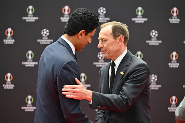 UEFA Champions League 2026-2027 League Phase Draw MONACO, MONACO - AUGUST 27: Spanish former professional footballer Emilio Butragueno greets Chairperson of beIN Media Group and Qatar Sports Investments, and Paris Saint Germain s Qatari president Nasser Al-Khelaifi prior to the draw ceremony for the league phase of the 2026-2027 UEFA Champions League football tournament at the Grimaldi Forum in Monaco on August 27, 2026. Mustafa Yalcin Anadolu Monaco Monaco. Editorial use only. Please get in touch for any other usage.  Copyright: x2026xAnadoluxMustafaxYalcinx
