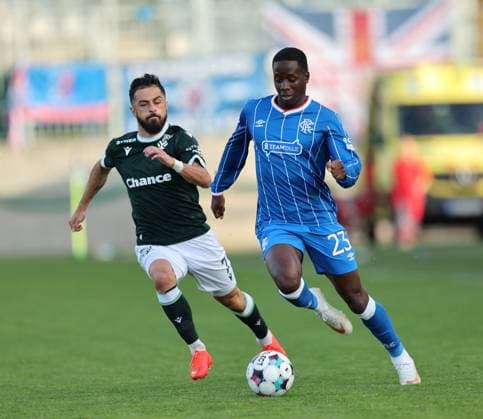 Vakhtang Tchanturishvili of Jablonec and Djeidi Gassama of Rangers during the UEFA Conference League playoff round second leg match at Chance Arena, Jablonec. FK Jablonec v Rangers - UEFA Conference League - Chance Arena, Lanarkshire, Czech - 27 Aug 2026Jablonec Chance Arena Lanarkshire United Kingdom EDITORIAL USE ONLY  Copyright: xRangersxFC Shutterstockx 17121645bf