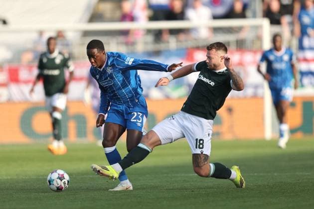 Martin Cedidla of Jablonec fouls Djeidi Gassama of Rangers during the UEFA Conference League playoff round second leg match at Chance Arena, Jablonec. FK Jablonec v Rangers - UEFA Conference League - Chance Arena, Lanarkshire, Czech - 27 Aug 2026Jablonec Chance Arena Lanarkshire United Kingdom EDITORIAL USE ONLY  Copyright: xRangersxFC Shutterstockx 17121645bg