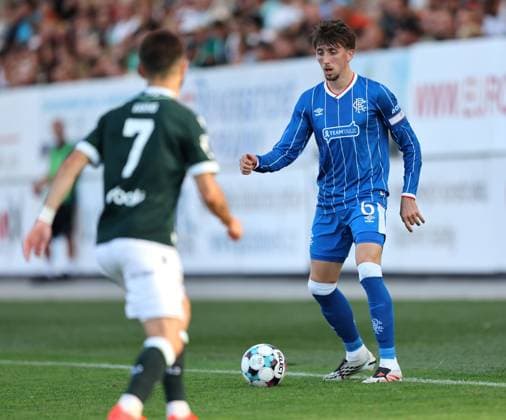 Dan Neil of Rangers on the ball during the UEFA Conference League playoff round second leg match at Chance Arena, Jablonec. FK Jablonec v Rangers - UEFA Conference League - Chance Arena, Lanarkshire, Czech - 27 Aug 2026Jablonec Chance Arena Lanarkshire United Kingdom EDITORIAL USE ONLY  Copyright: xRangersxFC Shutterstockx 17121645bb