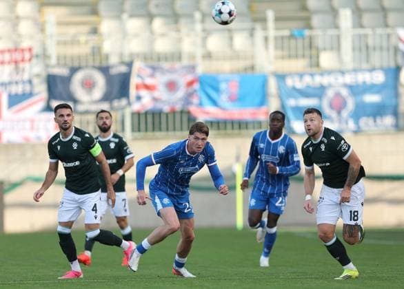 Thelo Aasgaard of Rangers battles for the ball with Nemanja Tekijaski and Martin Cedidla of Jablonec during the UEFA Conference League playoff round second leg match at Chance Arena, Jablonec. FK Jablonec v Rangers - UEFA Conference League - Chance Arena, Lanarkshire, Czech - 27 Aug 2026Jablonec Chance Arena Lanarkshire United Kingdom EDITORIAL USE ONLY  Copyright: xRangersxFC Shutterstockx 17121645bm