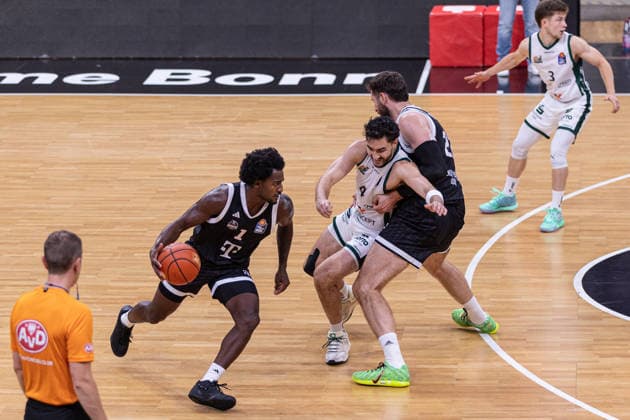 Exhibition Game: Telekom Baskets Bonn vs. VET CONCEPT Gladiators Trier, August 27, 2026 John Michael Wright, Telekom Baskets Bonn 1, Clay Guillozet, VET CONCEPT Gladiators Trier 4, and Leon Kratzer, Telekom Baskets Bonn 22. Exhibition game: Telekom Baskets Bonn vs. VET CONCEPT Gladiators Trier, August 27, 2026, Telekom Dome Bonn Copyright: xBEAUTIFULxSPORTS Derixx