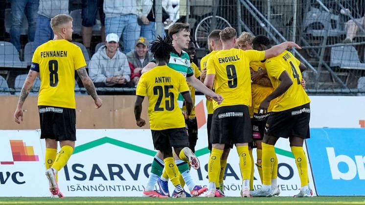 UEFA Europa Conference League Play-off Second Leg, VÄRE Areena, Kuopio, Finland 27 8 2026 KuPS vs Shamrock Rovers KuPS Kuopio players celebrate their side scoring their first goal of the match KuPS Kuopio players celebrate their side scoring their first goal of the match 27 8 2026  Copyright: xx PM107026