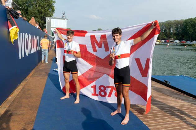 Amsterdam The Netherlands 27th August 2026 2026 World Rowing Championships on the Bosbaan in Amsterdam Lightweight Men s Double Sculls Final A (Final) Naveen Alexander Shah and Maximilian Ruehling (GER) win silver. With the flag of the Mainz Ruder-Verein 1878 watersport,
