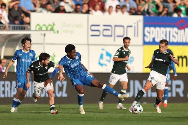 Vakhtang Tchanturishvili of Jablonec pulls Tochi Chukwuani of Rangers during UEFA Conference League playoff round second leg match at Chance Arena, Jablonec. FK Jablonec v Rangers - UEFA Conference League - Chance Arena, Czech - 27 Aug 2026Jablonec Chance Arena Czech Republic EDITORIAL USE ONLY  Copyright: xRangersxFC Shutterstockx 17121543ab