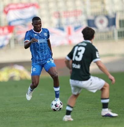 Olwethu Makhanya of Rangers and Richard Sedlacek of Jablonec during the UEFA Conference League playoff round second leg match at Chance Arena, Jablonec. FK Jablonec v Rangers - UEFA Conference League - Chance Arena, Lanarkshire, Czech - 27 Aug 2026Jablonec Chance Arena Lanarkshire United Kingdom EDITORIAL USE ONLY  Copyright: xRangersxFC Shutterstockx 17121645bn