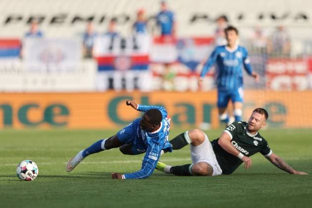 Martin Cedidla of Jablonec fouls Djeidi Gassama of Rangers during the UEFA Conference League playoff round second leg match at Chance Arena, Jablonec. FK Jablonec v Rangers - UEFA Conference League - Chance Arena, Lanarkshire, Czech - 27 Aug 2026Jablonec Chance Arena Lanarkshire United Kingdom EDITORIAL USE ONLY  Copyright: xRangersxFC Shutterstockx 17121645bo